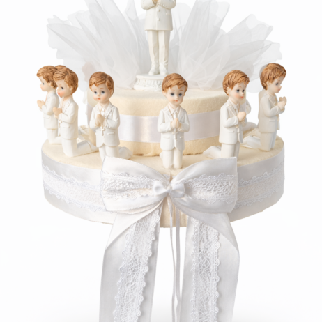 14x Kommunion-Gastgeschenke Junge im Gebet – Dekorative Torte Ø 25 cm mit 10 Figuren (8×3 cm) – Tischdekoration Erstkommunion inkl. 1x Tortenfigur 10 cm